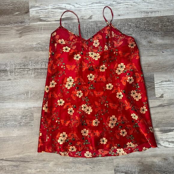 August Silk Red Floral Satin Slip Dress Butterfly Print Lingerie Style S - Picture 3 of 4